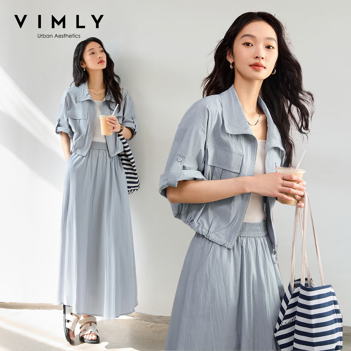 Conjuntos de Falda para Mujer VIMLY 2026, Trajes de Falda Gris y Azul para el Trabajo, Conjuntos de Mujer para Verano, Chaqueta Corta de Manga Corta, Falda Larga M8106