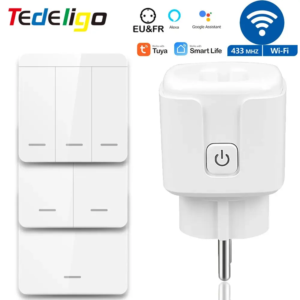 Tuya Smart Socket WiFi RF 433MHz Plug 220V 3000W Sakelar Stopkontak Kontrol Jarak Jauh Nirkabel Kontrol Suara UE untuk Alexa Google Home