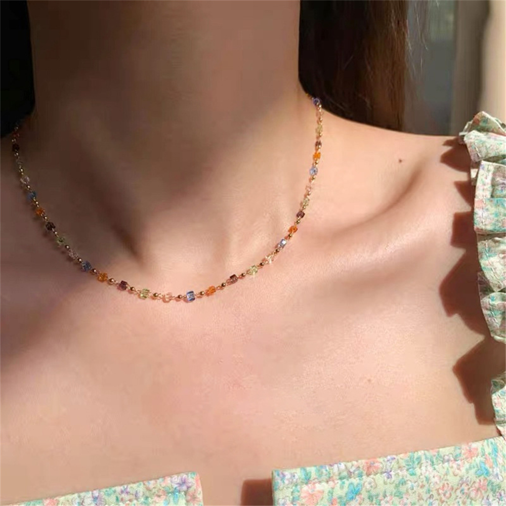 Simples colorido quadrado acrílico gargantilha moda cor de ouro grânulo corrente colar de cristal do vintage para mulheres festa jóias