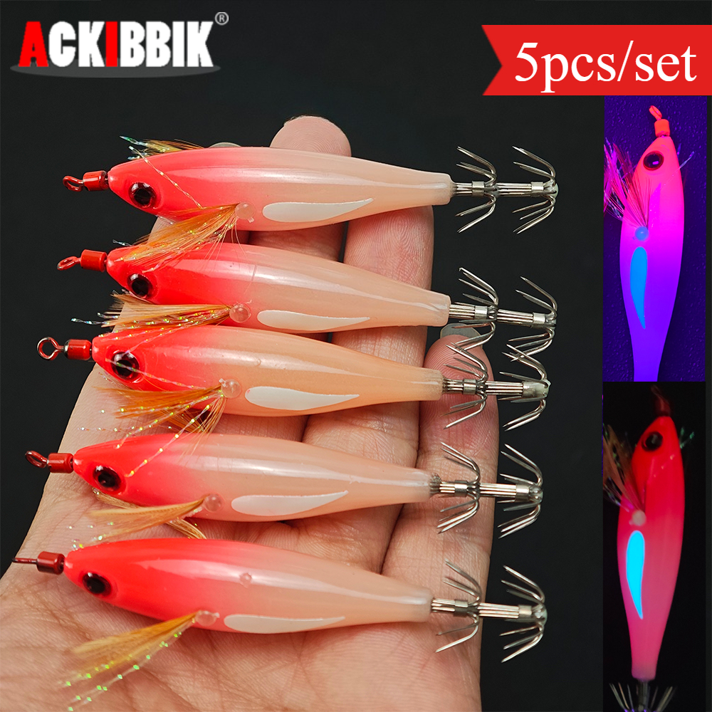 5pcs/set Set Jig Cumi Horizontal, Kit Jig Cumi Bercahaya, Umpan Udang Kayu, Umpan Buatan untuk Cumi, Gurita, Sotong
