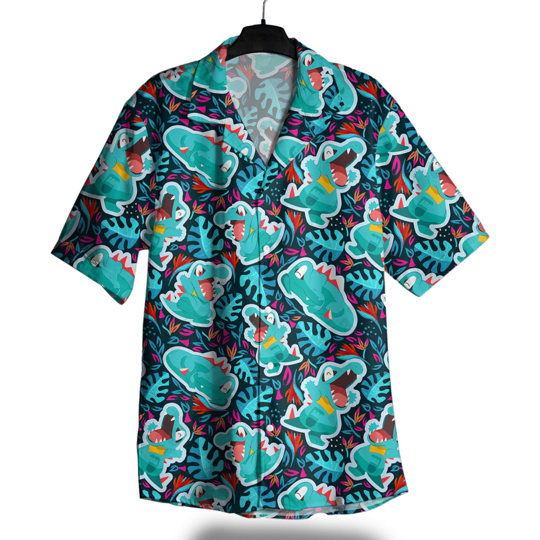 Amerikaans cartoon groen dinosaurus shirt met volledige print en korte mouwen, zwart basis tropisch blad retro los strandshirt voor heren
