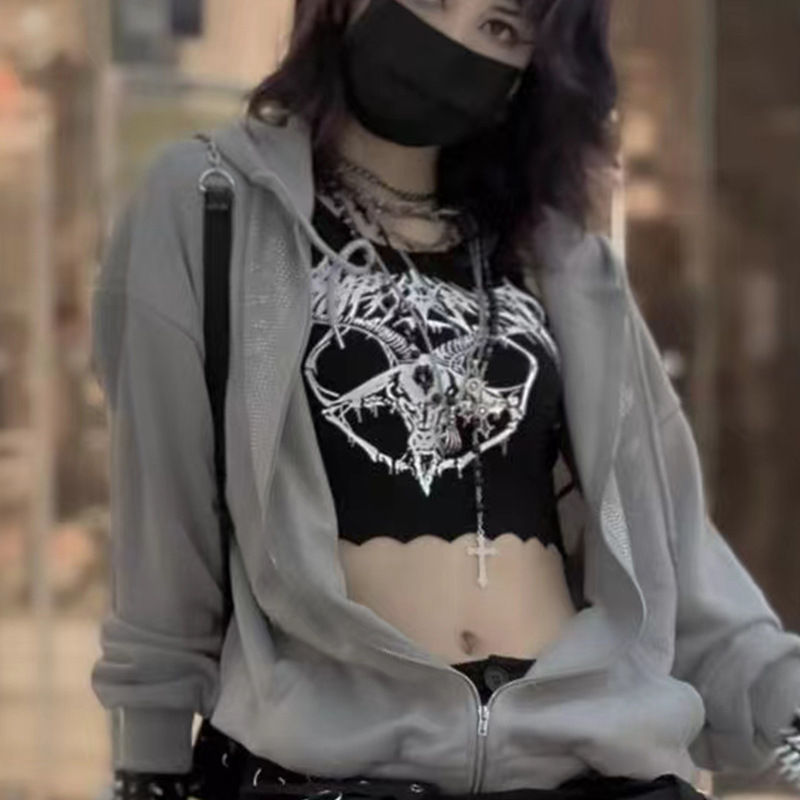 Gothic ถัก Punk เสื้อสีดํา Mall Goth Grunge แพะพิมพ์ Harajuku ผู้หญิง Crop Tops Skinny แขนกุด Streetwear