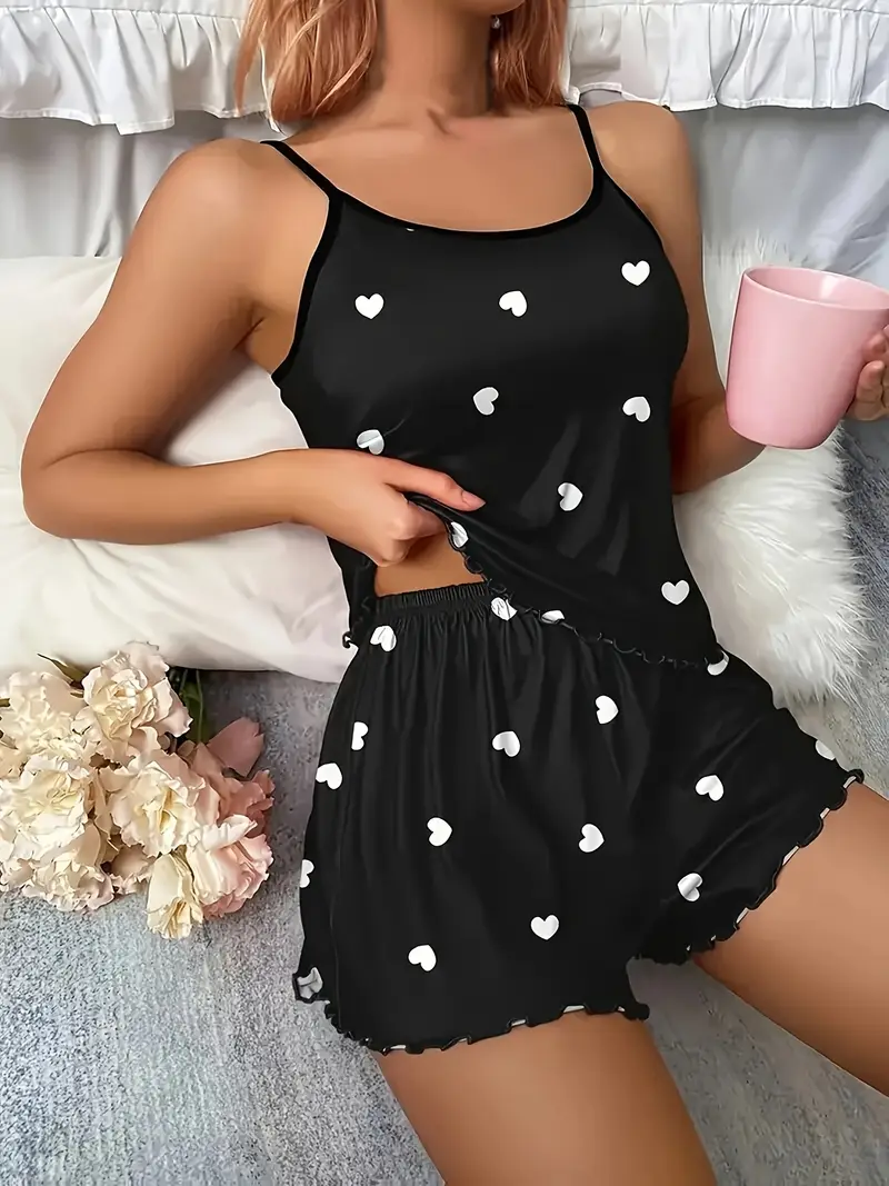 5 tailles choisir S M L XL 2XLWomen deux pièces jarretelles coeur imprimé haut et short femme décontracté imprimé pyjama ensemble