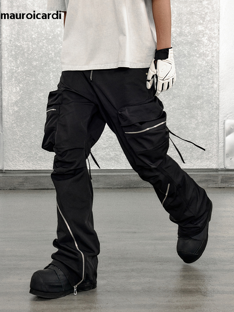 Mauroicardi-pantalones Cargo negros con bolsillos grandes para hombre, pantalón largo con cremallera, ropa de diseñador de lujo, moda, primavera y otoño, 2023
