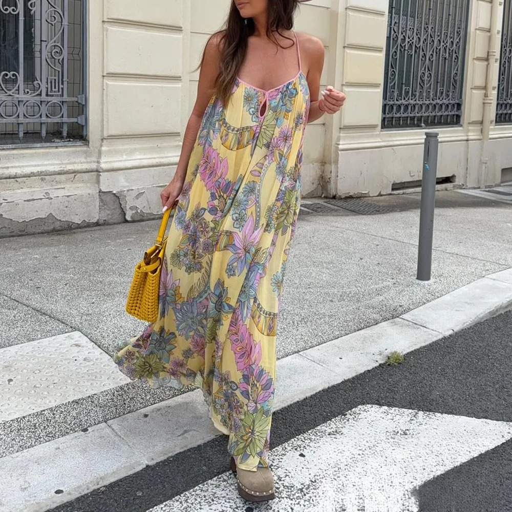 KONDALA Abito ampio con stampa floreale sexy in chiffon con stampa floreale Abito da spiaggia allentato Cami da donna Abito estivo senza schienale 2025