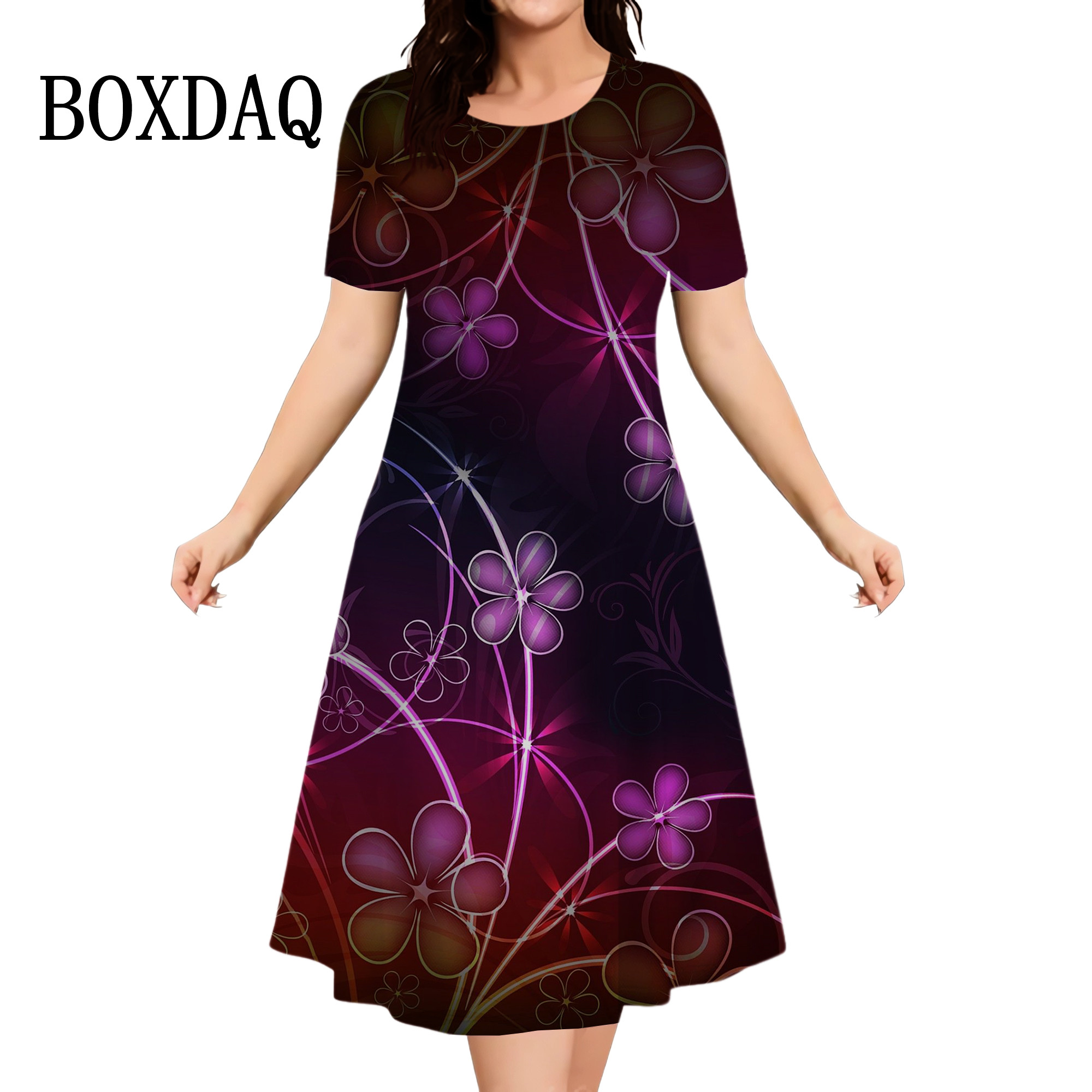 Vestido feminino de manga curta com gola redonda, vestido casual feminino, solto, plus size, moda de rua, verão, elegante, impressão 3D, novo, 2024