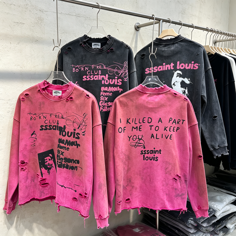 Verfbesmeurde SSSAINT LOUIS Sweatshirts Mannen Vrouwen Vintage Streetwear Gewassen Distressed Hole Beschadigd Zwarte Losse Hoodie Truien