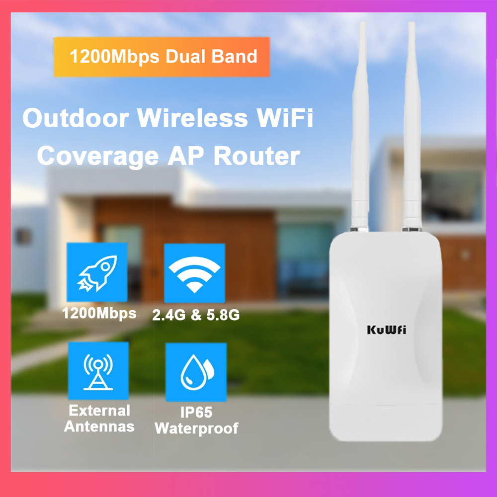 KuWFi 1200Mbps 屋外 AP ルーター デュアル バンド ワイヤレス Wi-Fi アクセス ポイント AP ルーター、高利得外部アンテナ付き 24V POE をサポート