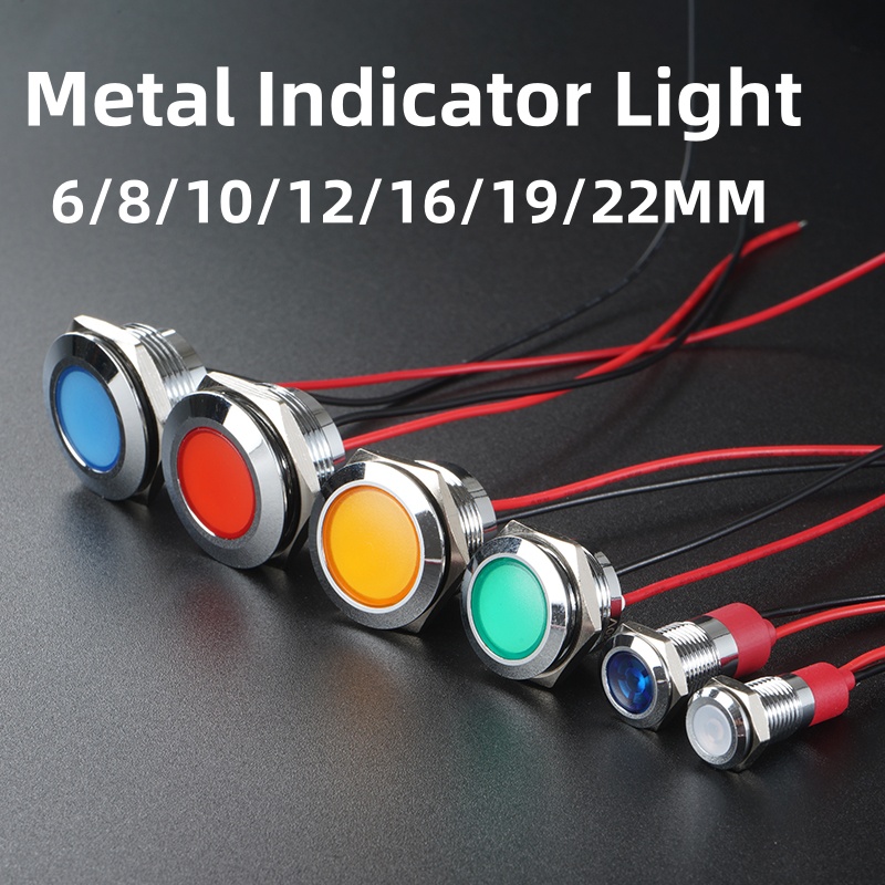 Luz indicadora de metal led 6/8/10/12/16/19/22mm, luz de sinal à prova d'água com fio 3v 5v6v12v 24v 220v vermelho/amarelo/azul/verde/branco