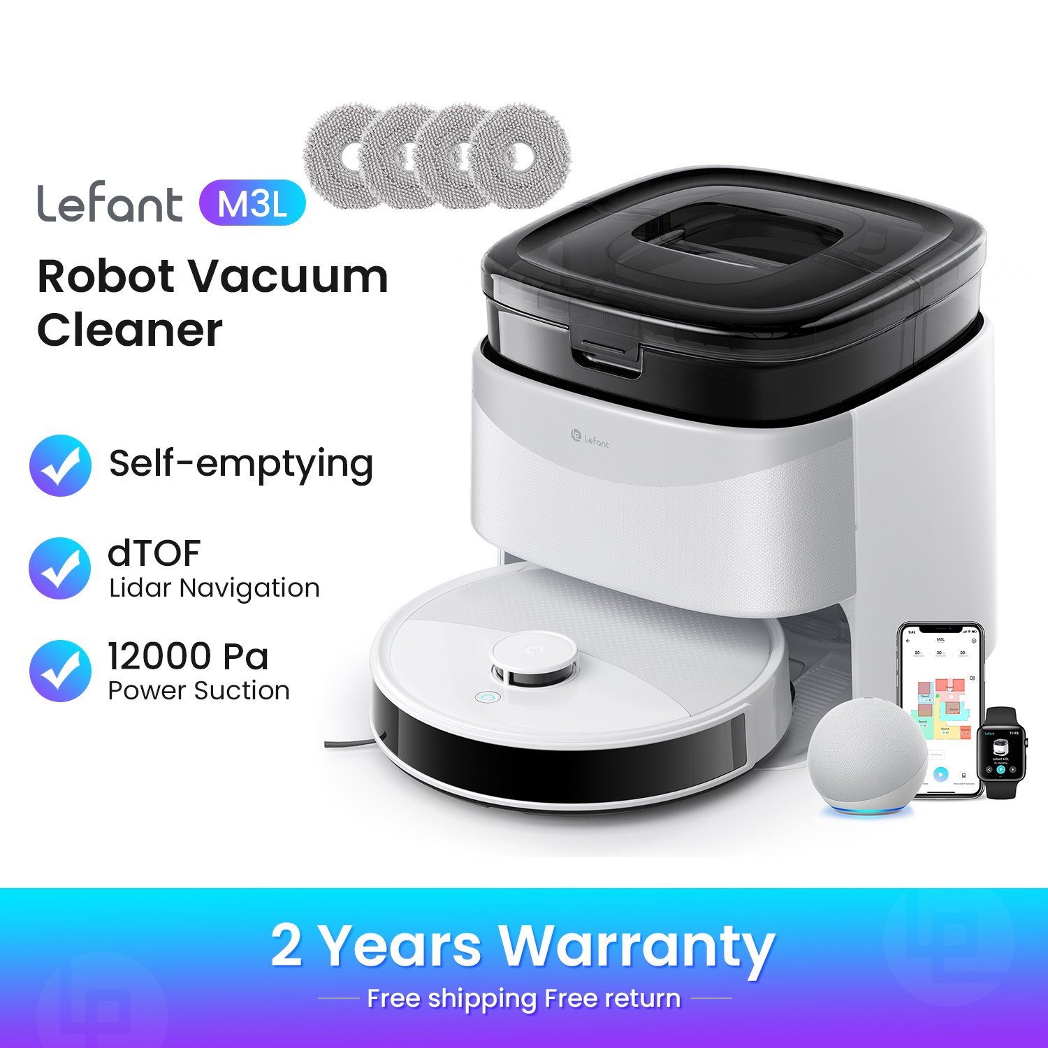 LEFANT M3 M3L Roboterstaubsauger mit Kartierung, 12.000 Pa Saugkraft, Entleerungsstation, automatisches Waschen und Trocknen, DTOF-Laser