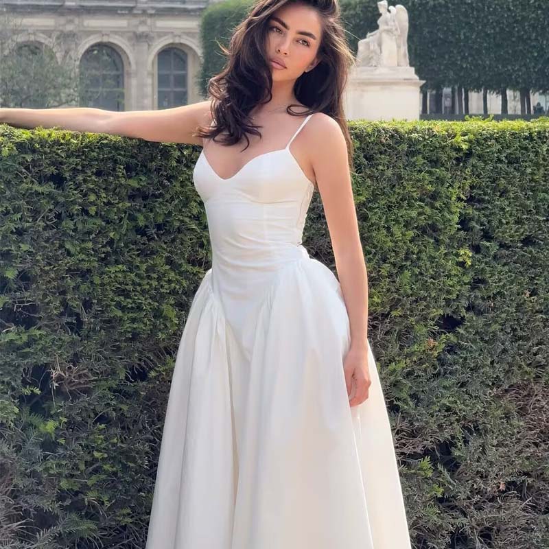 YENKYE Sexy Spaghetti Straps Elegant White Dress Women Lace Up Bandage Back V Neck A-line Evening Party Dresses Midi Robe 2025