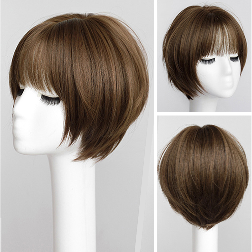 BEAUTYCODE Peluca de pelo liso sintético Bob para mujer, pelucas cortas con flequillo, peluca de Cosplay de pelo marrón oscuro resistente al calor