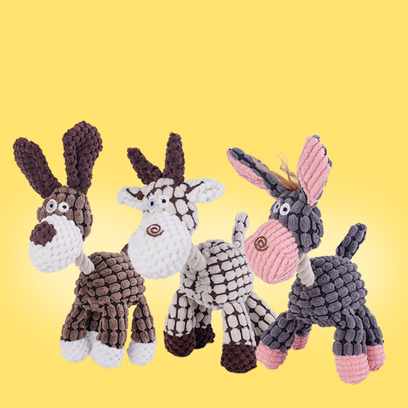 Caliente nueva llegada mascota gato perro sonido juguete cuerda de algodón creativo burro mordedura de peluche entrenamiento interactivo mascota juguete para perro gato gris marrón
