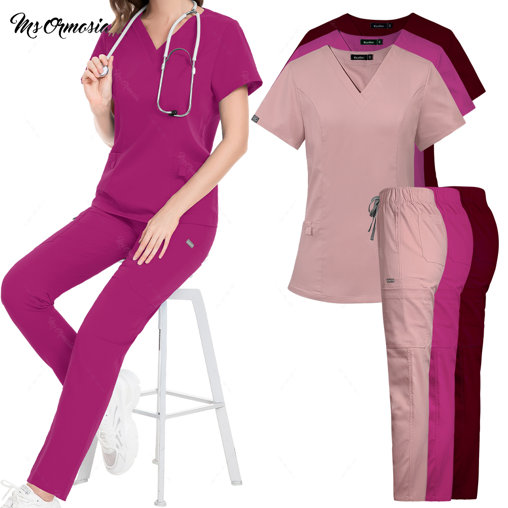 Venta al por mayor, pantalón corto informal de manga con cuello en V, conjuntos rectos, ropa de trabajo de farmacia, uniforme de enfermera médica, conjunto de uniformes de enfermería para mujer