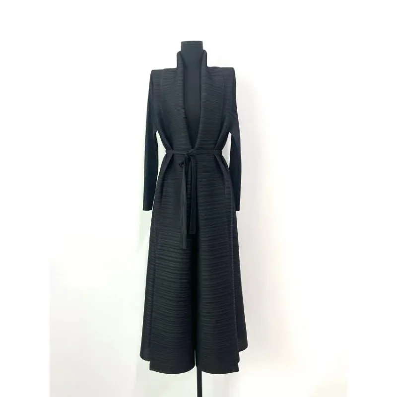 Miyake плиссированное черное платье, пальто, кардиган, платье, шикарная юбка макси с воротником с лацканами и рюшами, женская осень-зима 2021, уличная одежда