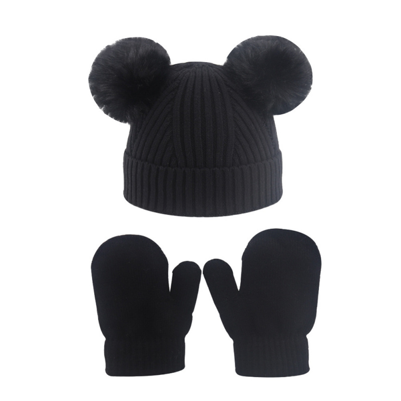 Winter Children's Knitted Hat and Gloves Two-Piece Set New Cross-Border Style Boys and Girls Baby Warm Double Ball Yarn Hat Set