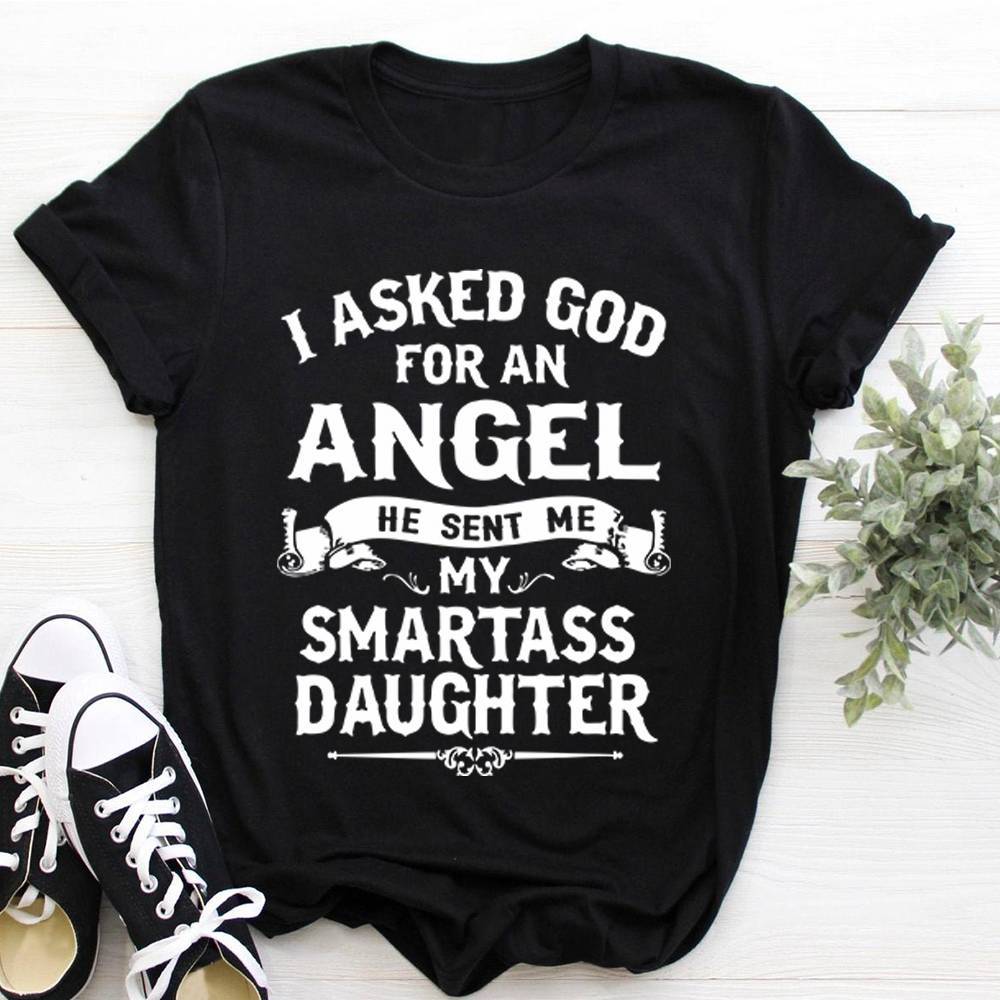 Camiseta con estampado de My Daughter Is Angel para Mujer, blusa holgada de manga corta con cuello redondo para Mujer, ropa para Mujer