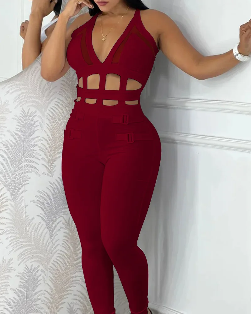 Monos sin mangas para mujer, primavera y verano, nuevo estampado, cintura blanca, tirantes calados, mono ajustado con cuello Halter, pantalones generales