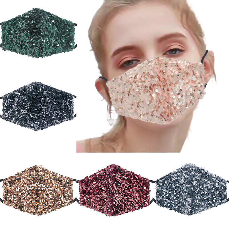 แฟชั่นส่องแสงเป็นประกายระยิบระยับ Glitter Sequins หน้ากากผ้าฝ้ายสำหรับผู้ใหญ่ Party Anti หน้ากากป้องกันฝุ่นปรับล้างทำความสะอาดได้ปากหน้ากาก