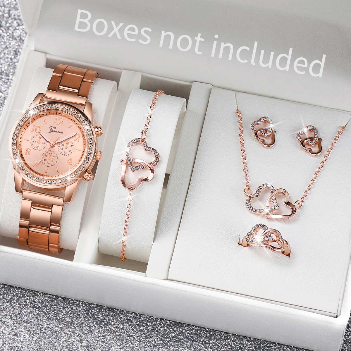 Conjunto de jóias strass feminino, pulseira de aço inoxidável, relógio de quartzo, coração duplo, moda, sem caixa, 6 peças