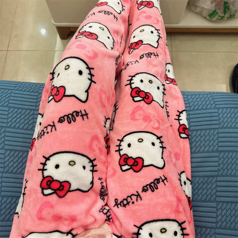 Thicken Hello Kitty กางเกง Sanrio อะนิเมะขนแกะผ้ายืดหยุ่นคู่นุ่มกางเกงผู้หญิงกางเกงการ์ตูนของขวัญวันเกิด
