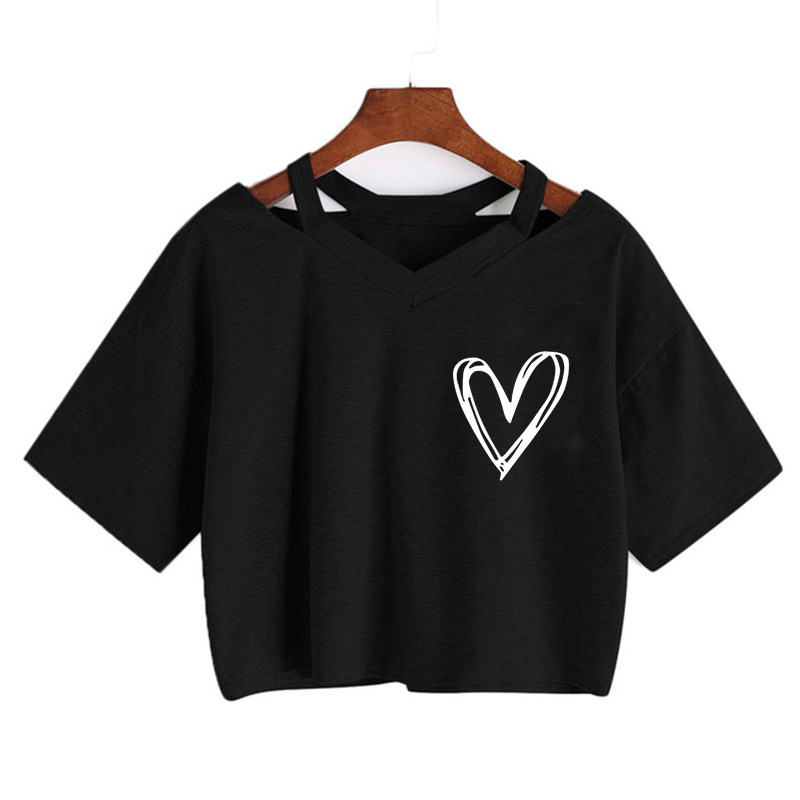 Camisetas Cropped Sexy Femininas com Estampa de Coração, Camiseta Gráfica de Manga Curta com Cordão, Moda T-shirt
