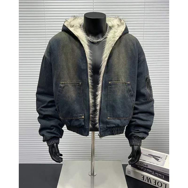 Nueva chaqueta vaquera holgada de otoño e invierno, diseño retro grueso y cálido, Chaqueta de algodón con capucha, chaqueta de moda para hombres o mujeres
