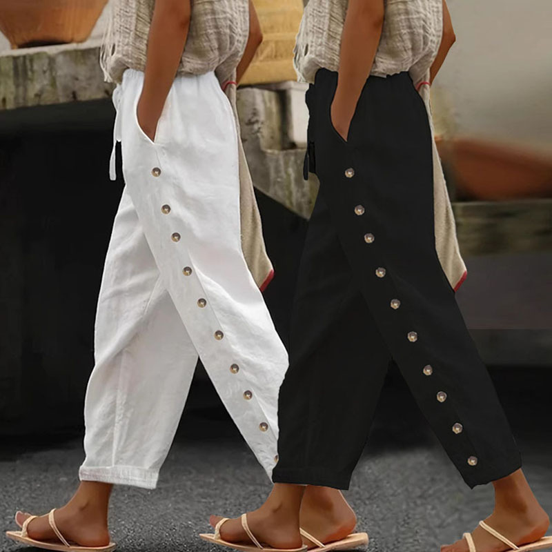 Calças femininas de cintura elástica – Calças casuais de ajuste relaxado, calças versáteis de comprimento 3/4