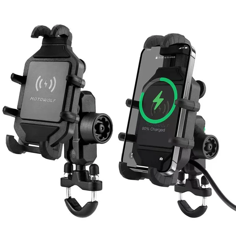 オートバイのワイヤレス充電電話ホルダー、クレードル、急速充電器、GPS、オートバイの携帯電話サポート、4〜7インチの電話用ハンドルバーマウント、3.0