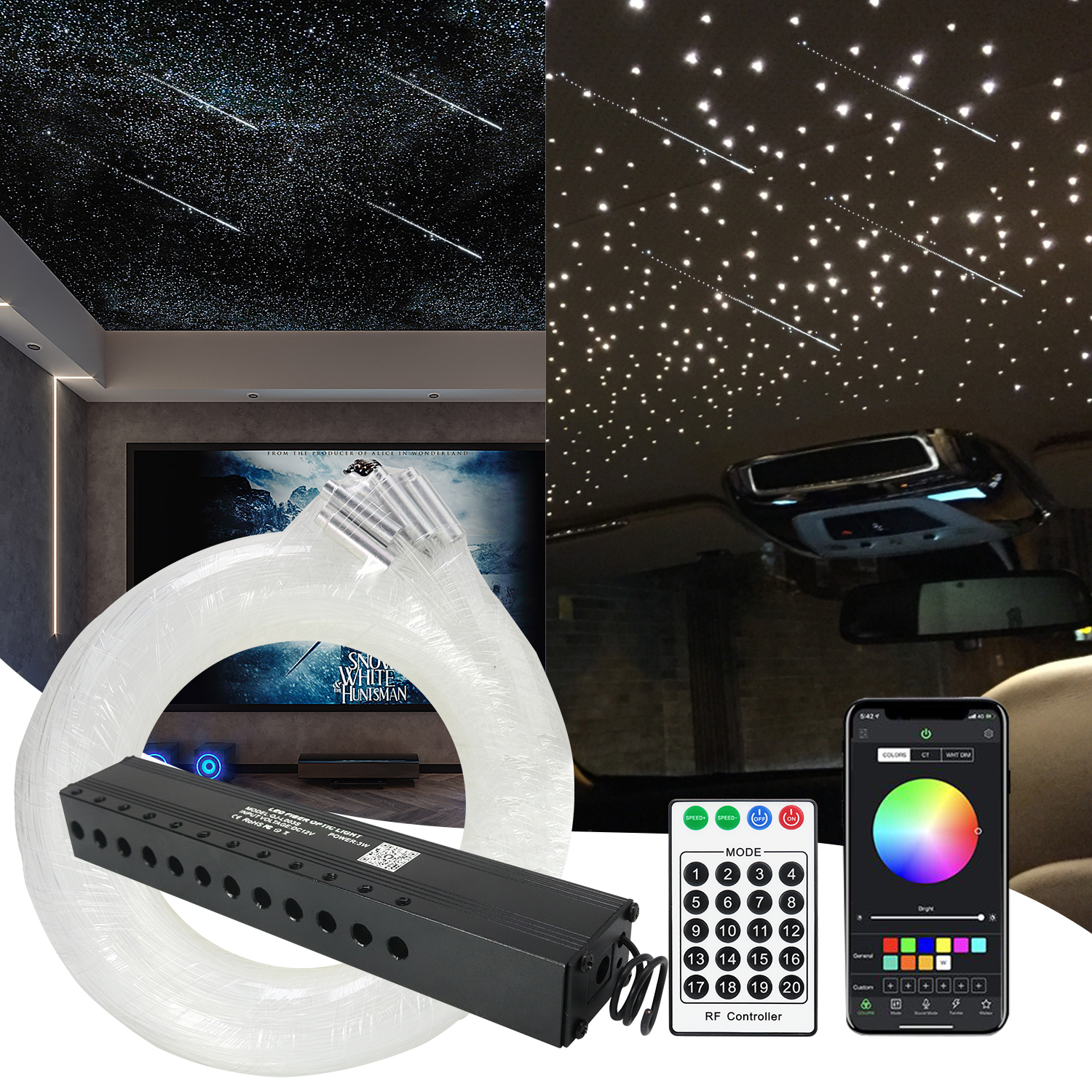 Kit de fibra óptica con efecto de estrellas fugaz, 3W, 12 agujeros, luz LED de meteorito, motor con control remoto RF para techo de cielo estrellado