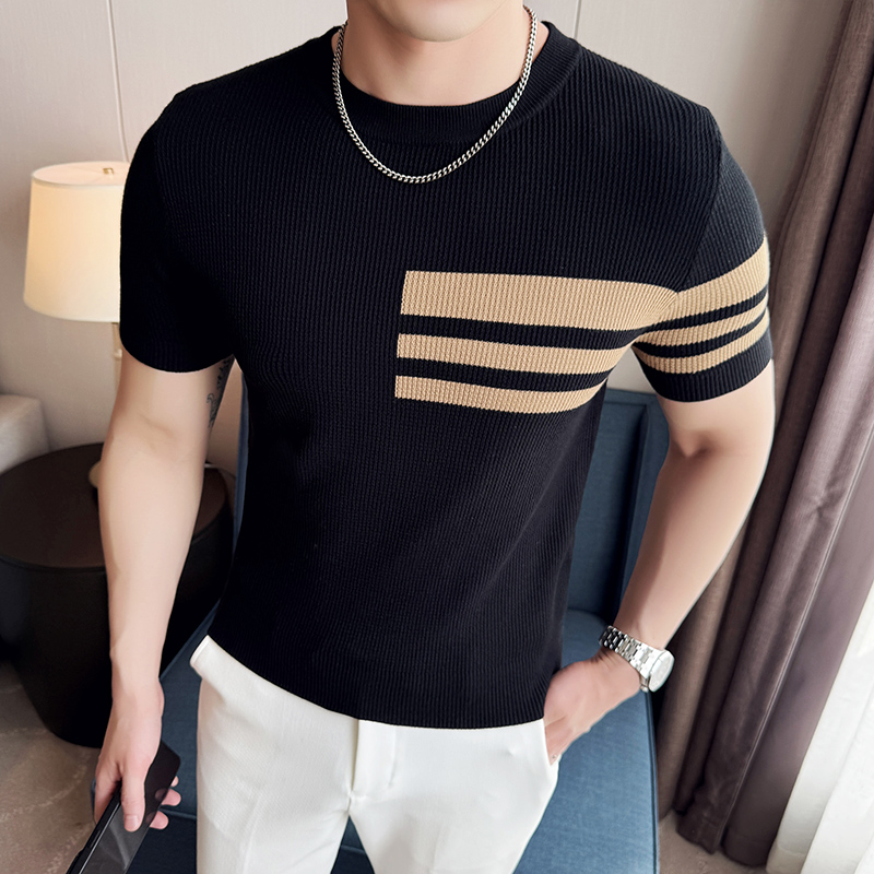 Gestreiftes Strick-T-Shirt im britischen Stil für Herren, Sommer, kurzärmelig, Rundhalspullover, schmale Passform, lässig, Business-Social-T-Shirt
