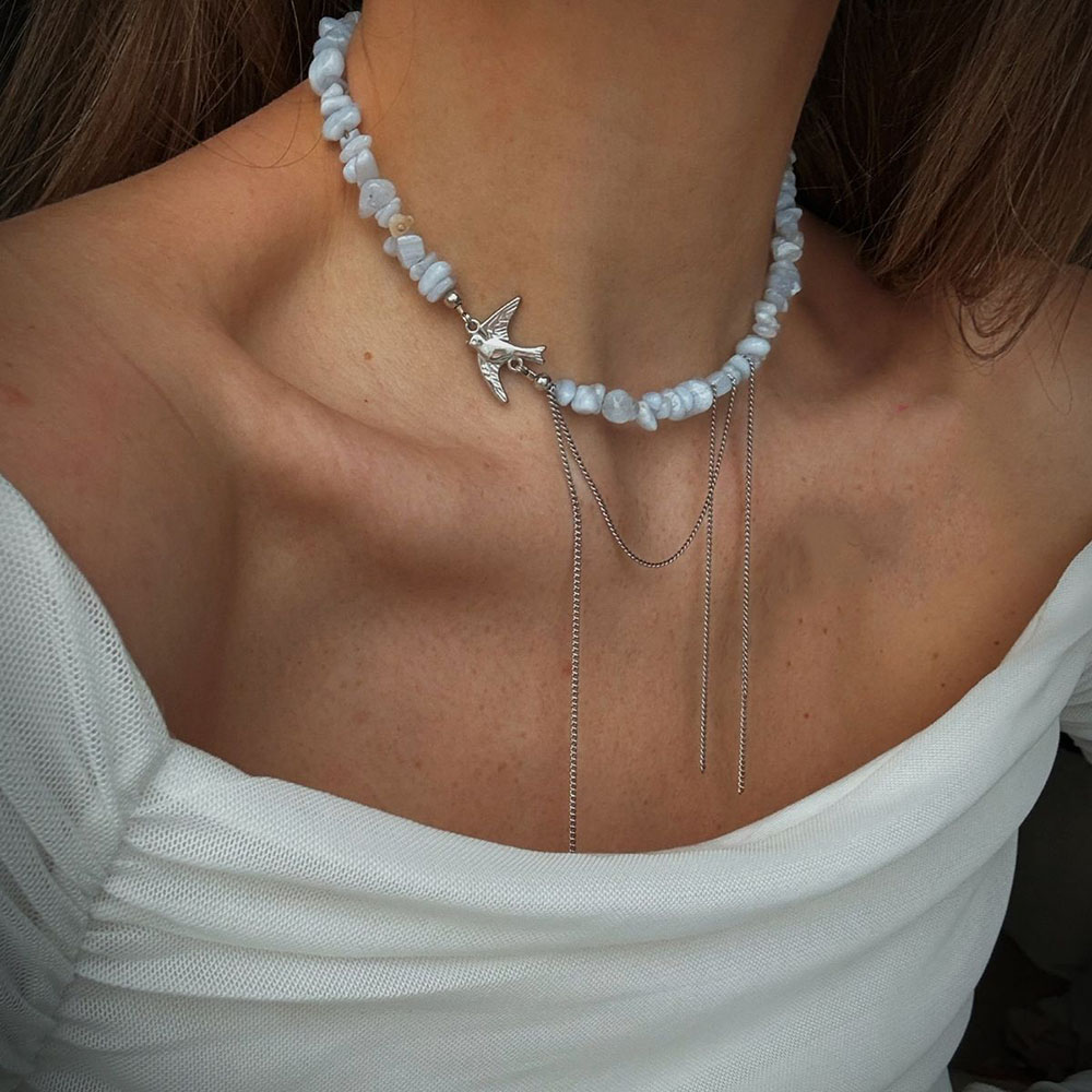 Elegante collar con colgante de cadena con borlas multicapa para mujer, gargantilla de piedra azul Natural creativa Vintage, joyería de boda