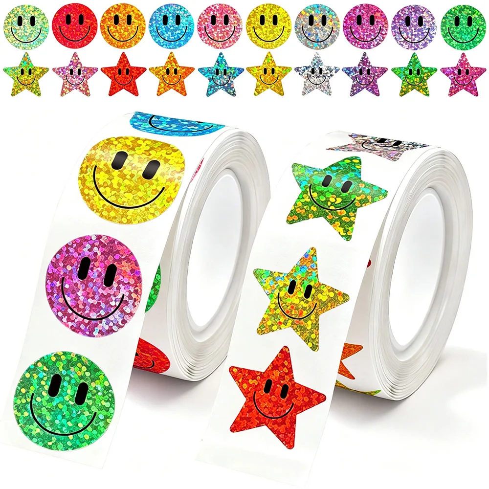 500pcs/Roll Smile Face Star Stickers Laser Colorful Happy Face Sticker Classroom Birthday Teacher Reward School Supplies Sticker