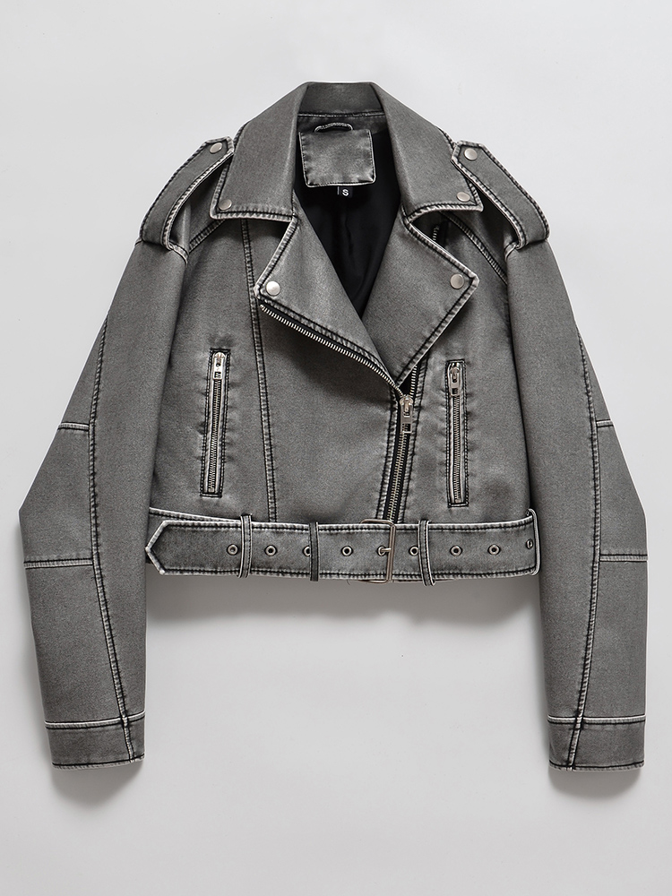 Ailegogo feminino vintage solto lavado couro falso jaqueta curta streetwear feminino zíper cinto moto motociclista retro casaco outwear topos