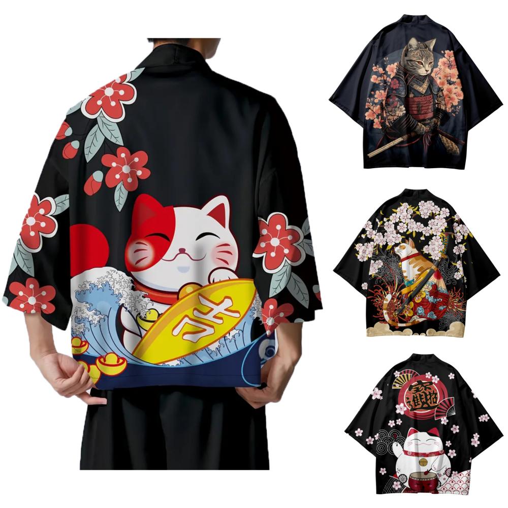 Quimono japonês Sakura Cat Samurai estampado para homens e mulheres, cardigã Haori, fantasia tradicional, capa solta de manga curta, S-3XL