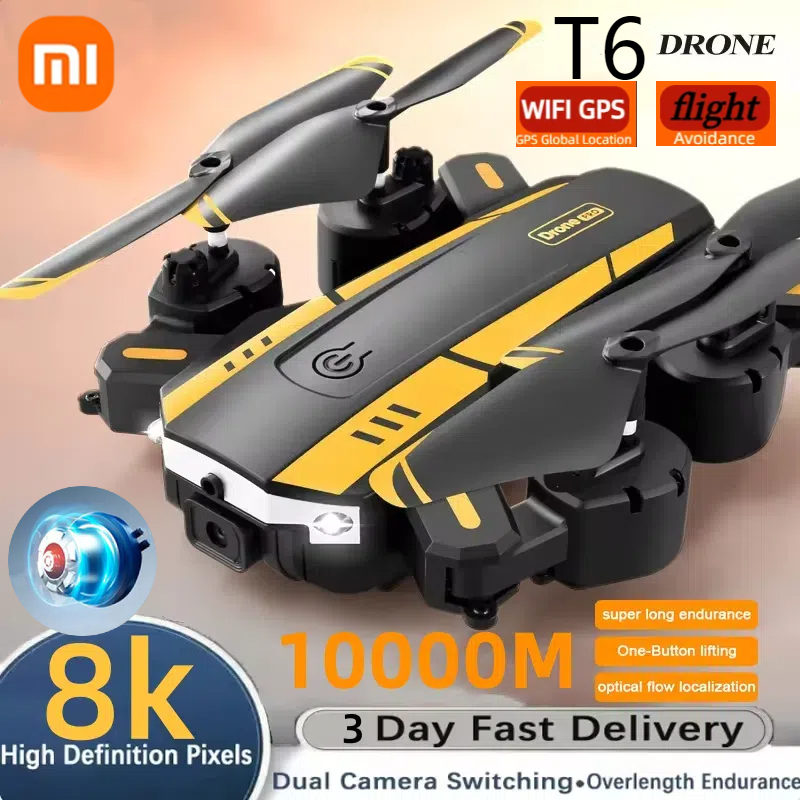 Xiaomi โดรน T6 8K Profesional 4K HD, กล้อง GPS การหลีกเลี่ยงสิ่งกีดขวางทางอากาศการถ่ายภาพด้วยแสงการไหลของแสงคอปเตอร์สี่ใบพัดพับได้ของขวัญ1กม.
