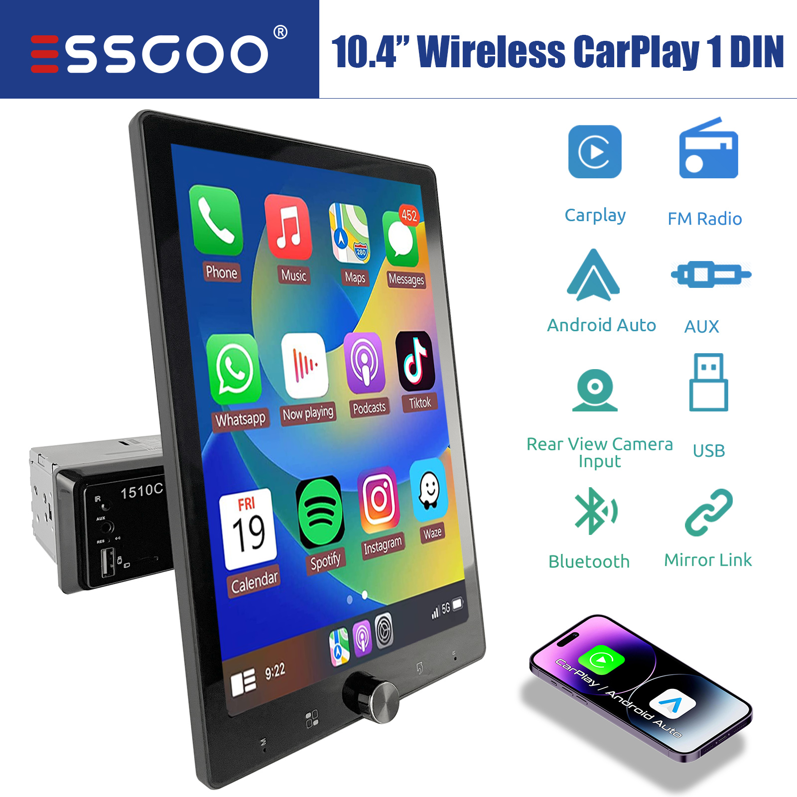 ESSGOO 10.1 นิ้ว Rotatable IPS Touch Screen Single DIN รถสเตอริโอไร้สาย Carplay Android วิทยุอัตโนมัติ USB AUX TF