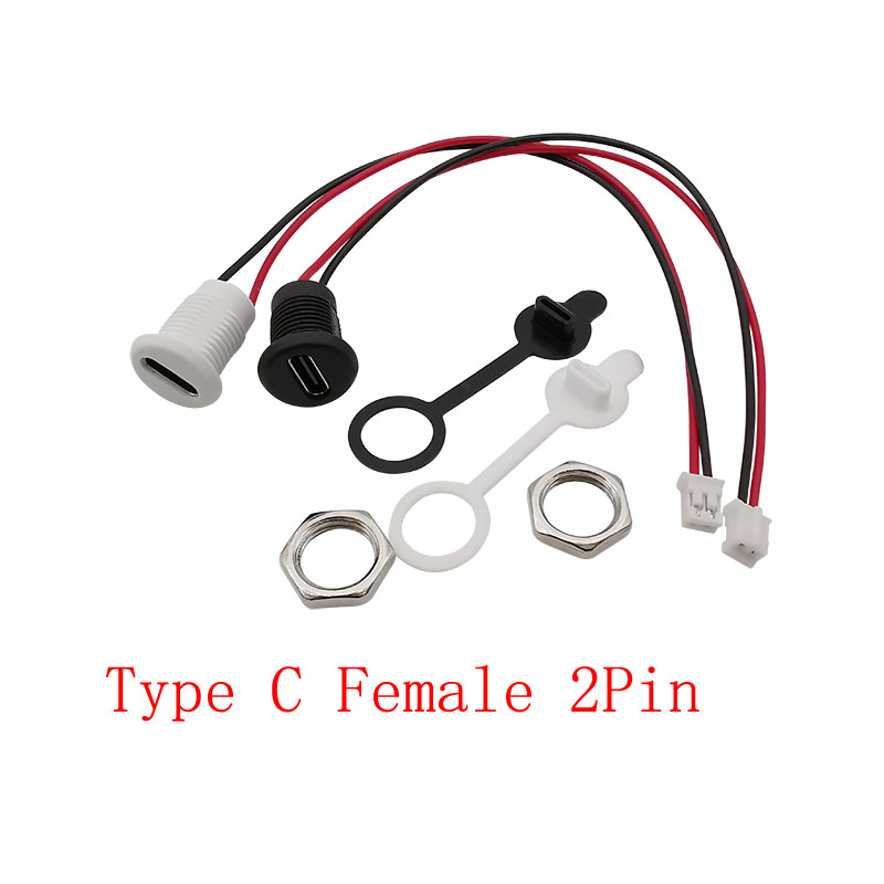 Connecteur de câble USB Type C femelle, 2 broches vers JST PH 2.0mm, 2 broches, prise de Type C, Port de chargement, écrou, montage sur panneau avec capuchon, 1 pièces