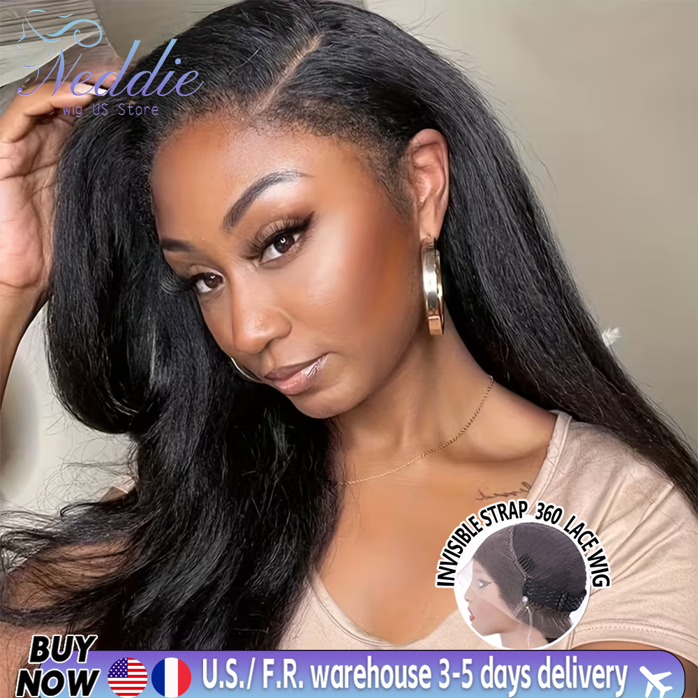 360 HD Lace Wig Invisible Drawstring Kinky Straight Human Hair Wigs Natural Color 220% Density Brazilian Glueless Wigs For Women