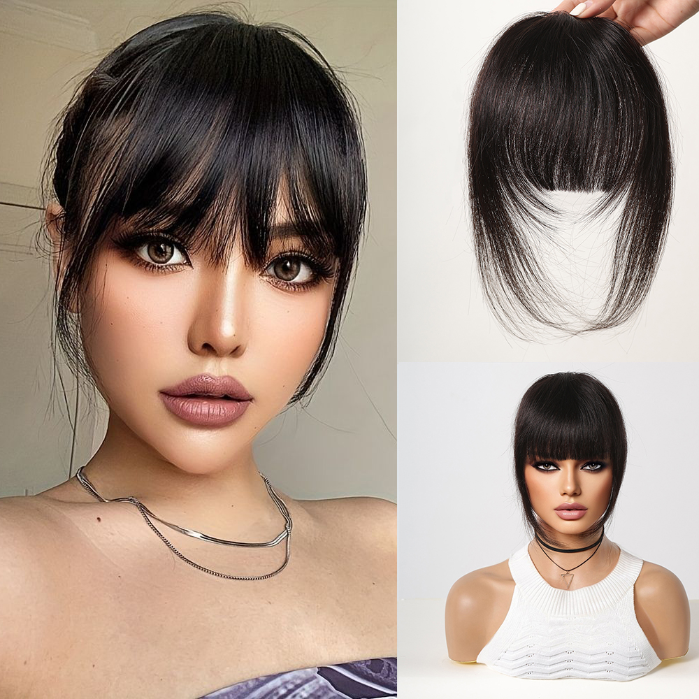 100% Remy Human Hair Fringe Bangs คลิปผมมนุษย์สีดําธรรมชาติ 3D Air Fringe Bangs Hairpieces สําหรับผู้หญิงผมบาง