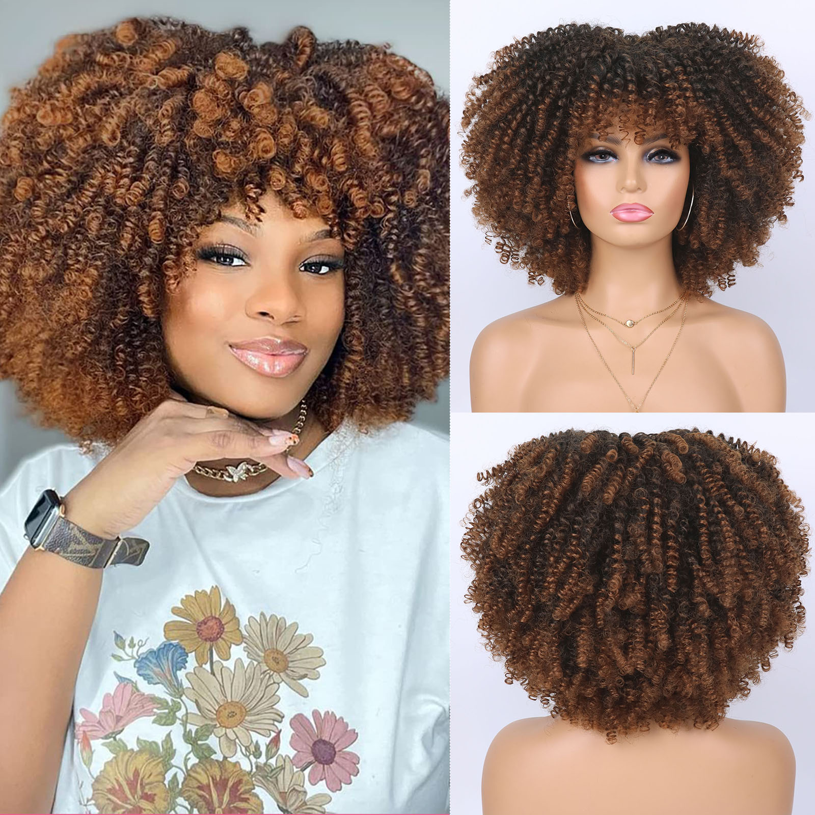 Tereshar Syntetyczne krótkie peruki kręcone dla czarnych kobiet Peruka afro z grzywką Krótka peruka afro Kinky Curly do codziennego noszenia na imprezach