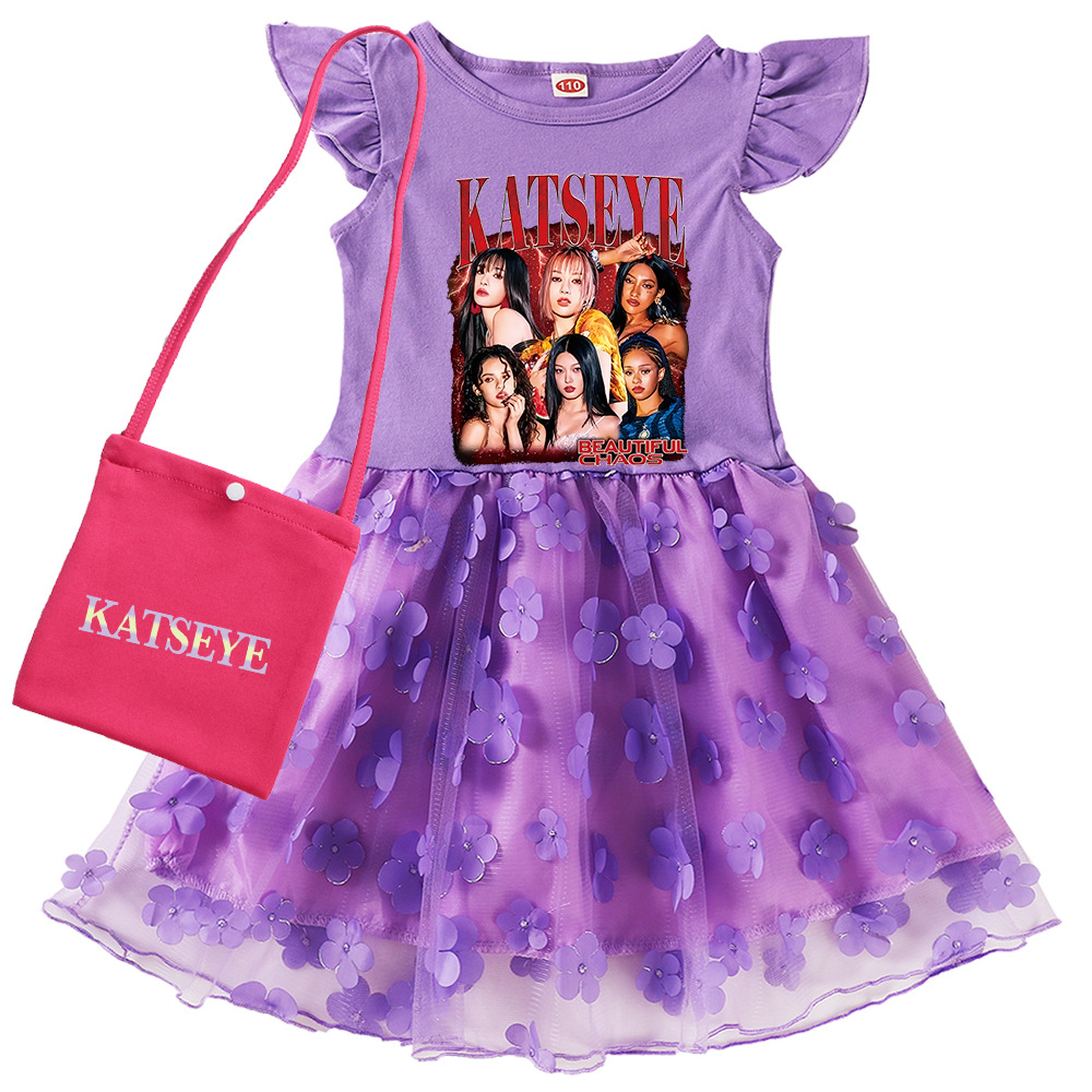 Roupas Kpop KATSEYE para Crianças, Vestido de Verão com Estampa de Desenho Animado e Bolsa, Vestidos Casuais para Meninas com Mangas Voando, Vestidos de Festa com Lantejoulas e Tule