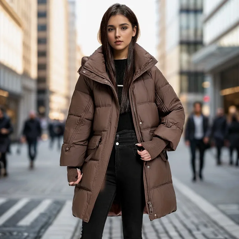 Chaqueta larga de algodón para mujer, Parkas con capucha y cuello levantado, abrigos con bolsillos, chaqueta gruesa y cálida hasta la rodilla para invierno 2024