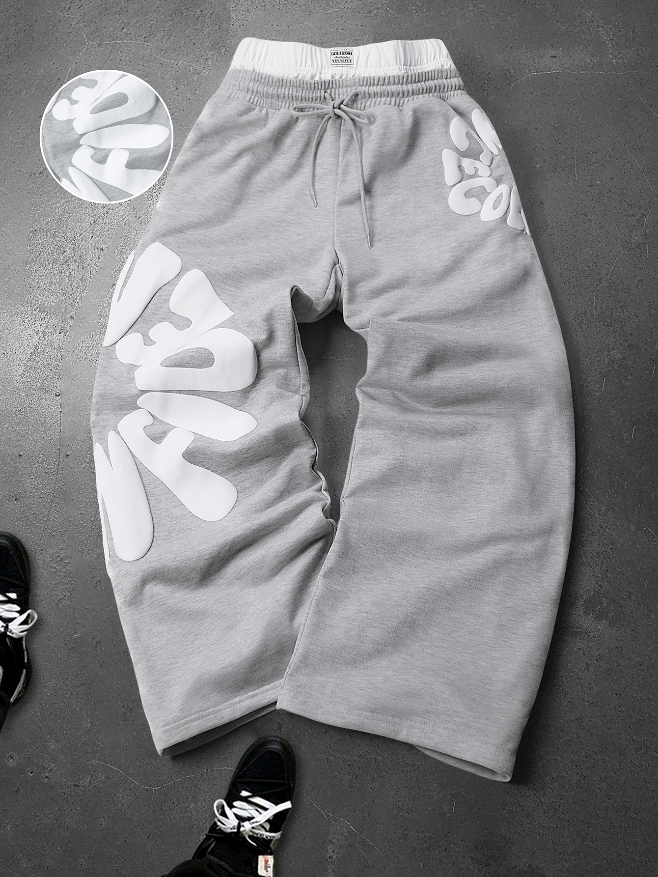 Pantalon de survêtement streetwear oversize pour homme, taille contrastante, imprimé lettres 3D en relief, polyester gris multicolore, toutes tailles S-2XL