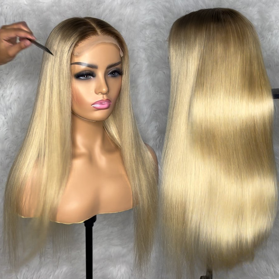 Perruque Lace Front 13x6 1B 613 Lisse Baguette Ombré Blond Cheveux Humains Racines Foncées Pré-épilée Brésilienne