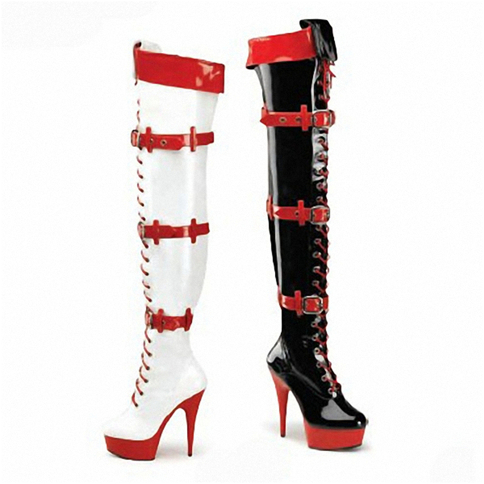 BOTTI OVERKNEE VAMPIRO COLOR-BLOCK da 15 cm |   8 CINTURINI CON FIBBIA REGOLABILI |   STRIKING RED ACCENT STILETTO per CLUB e STAGE GOTHIC