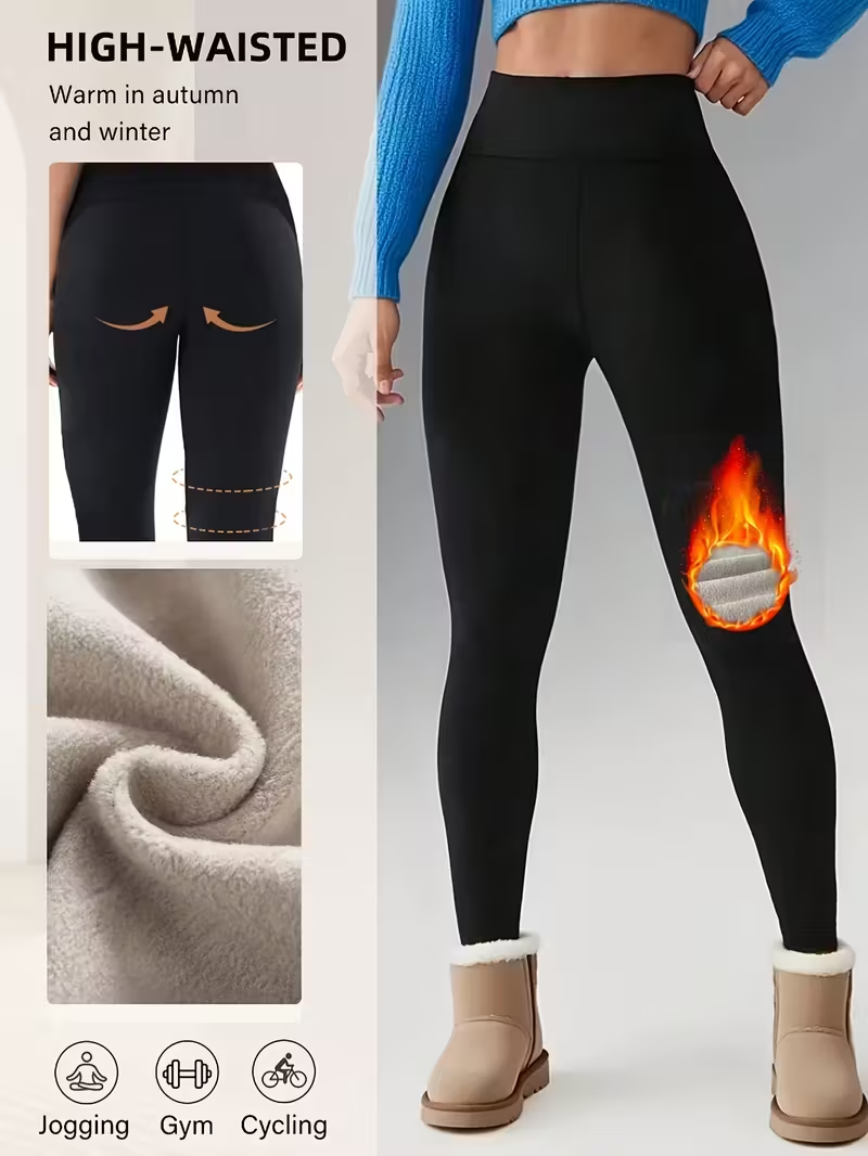 Leggings femininas de cintura alta para levantamento de bunda – forro de lã macia, controle de barriga, elástico e confortável para outono/inverno, preto