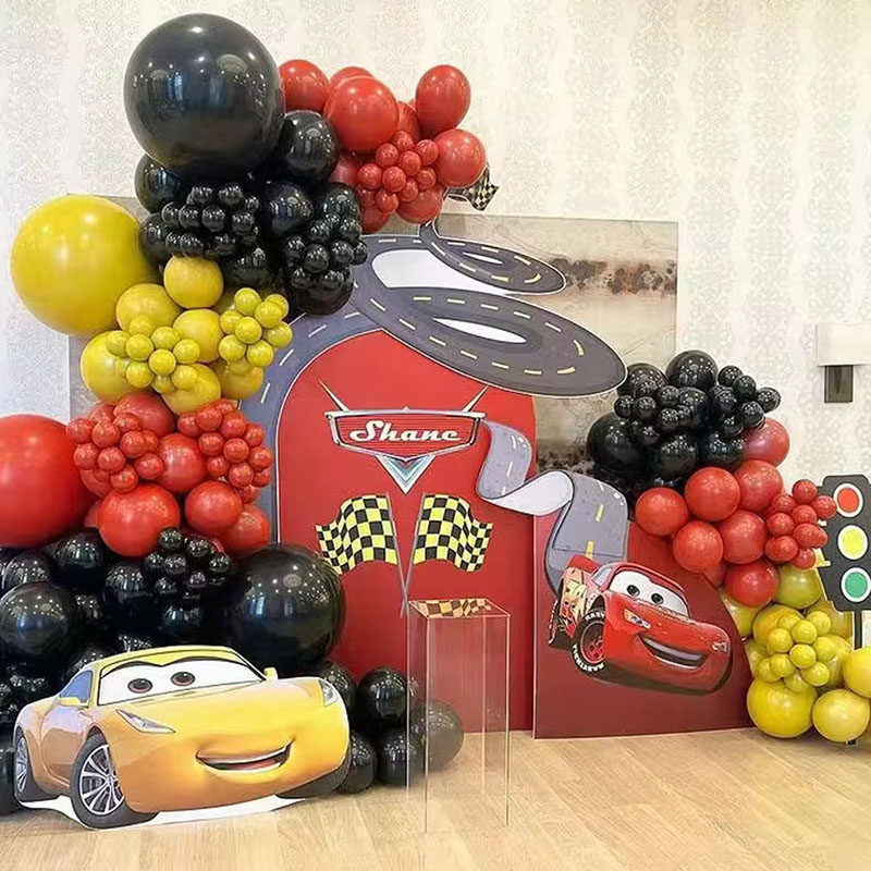 120 Uds. Globos temáticos de coches de carreras, guirnalda de arco, decoración de fiesta de cumpleaños, juego de globos de látex rojo, negro y amarillo, recuerdos de fiesta de cumpleaños