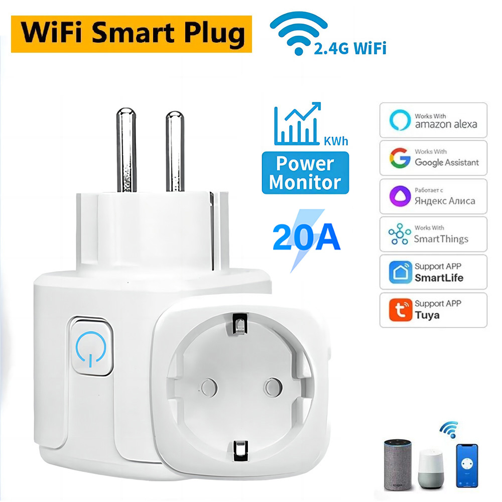 Tuya-enchufe inteligente WiFi, enchufe europeo 20A con Monitor de potencia, función de sincronización, Control por voz Smart Life, funciona con Alexa y Google Home ﻿