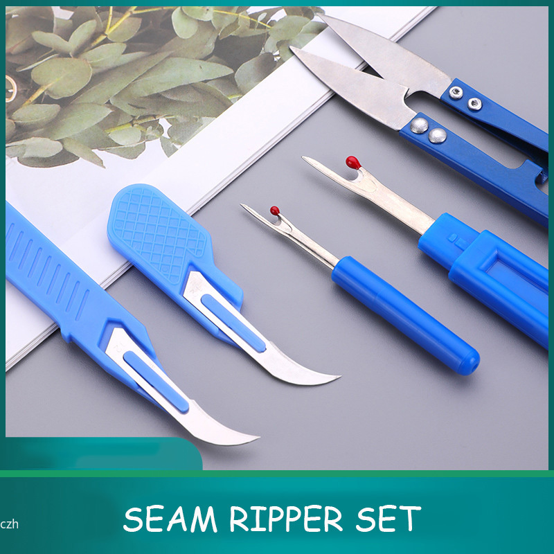 Kit de 5 Piezas para Desprender Costuras, Color Azul, con Desgarrador de Hilo, Desgarrador de Costuras y Tijeras para Eliminar Puntadas